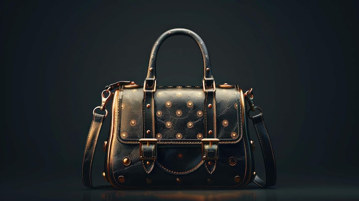 PSD un sac à main en cuir noir avec des accents dorés et des détails pointillés sur un fond sombre