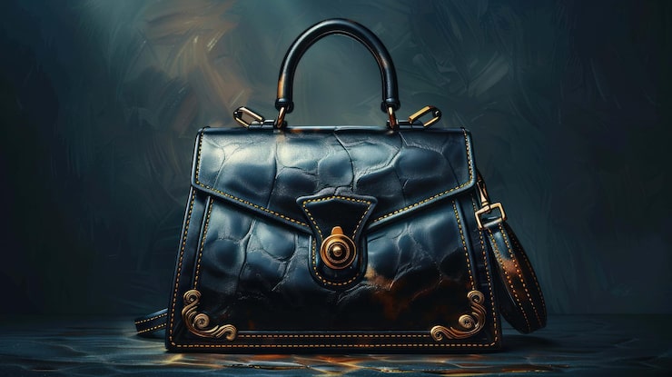 PSD un sac à main en cuir noir luxueux avec des accents dorés et une surface texturée se trouve sur un fond sombre avec un effet de projecteur