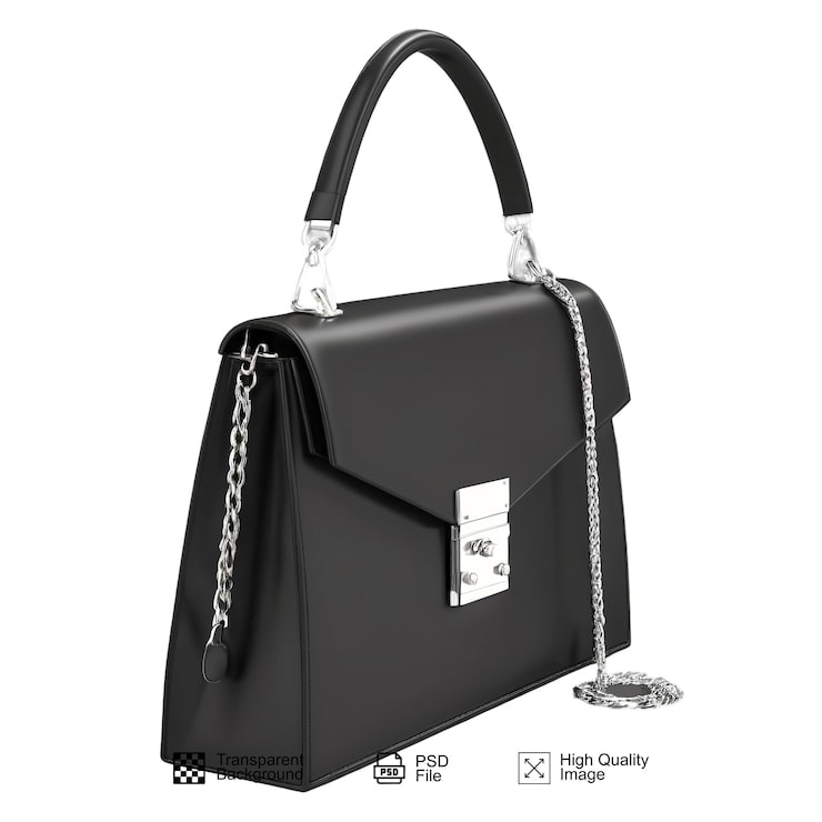 PSD sac noir avec une chaîne argentée sur un fond transparent