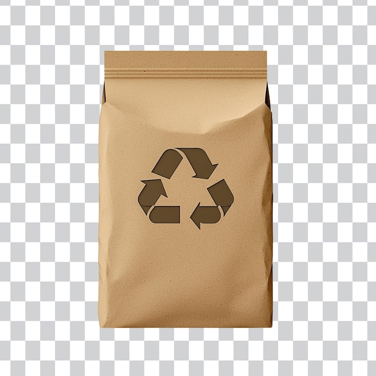 PSD saco de papel castanho ecológico com símbolo de reciclagem para embalagens sustentáveis