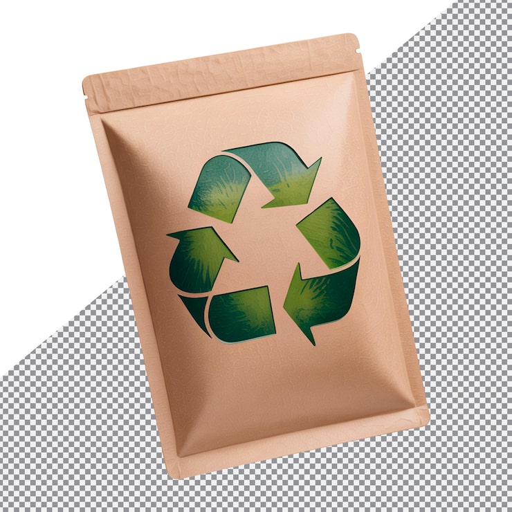 PSD saco de papel reciclável com símbolo verde, embalagem ecológica png isolado