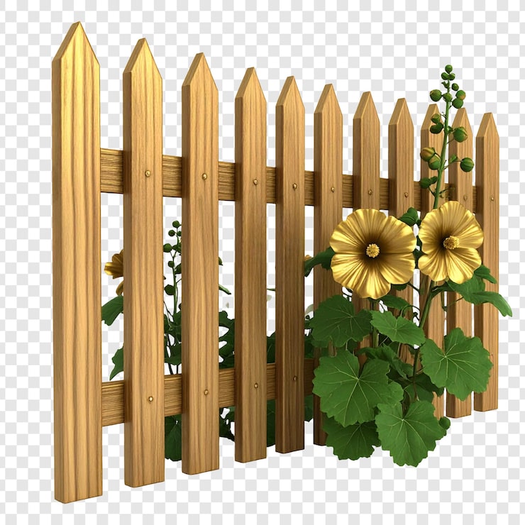 PSD scène de jardin avec clôture en bois à piquets et fleurs jaunes