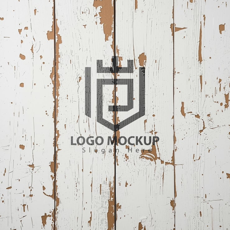 PSD scudo per presentazione logo su asse di legno bianca shabby chic con spazio per monogramma e slogan