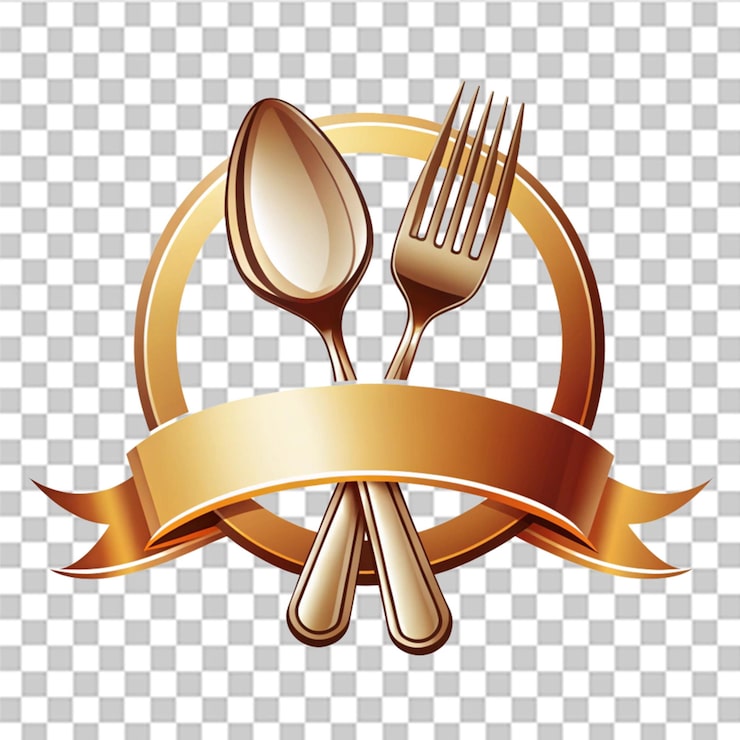 PSD sendok garpu dengan logo restoran pita terisolasi pada latar belakang transparan