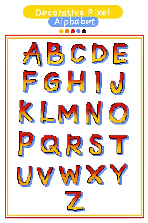 PSD set alfabet huruf dekoratif dengan gaya font game piksel