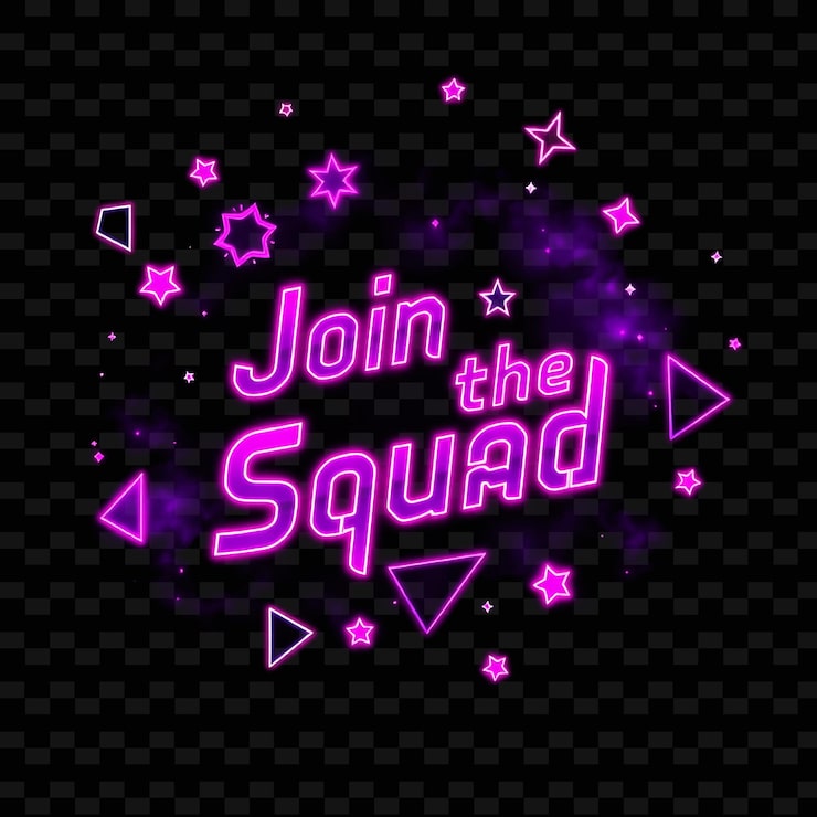 PSD shimmering junte-se ao esquadrão texto brilha com neon viva fuchsia e violet elétrico pixel perfeito