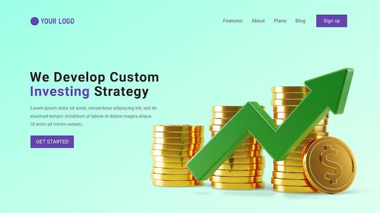 PSD sitio web de página de inicio de inversión financiera con moneda de dólar de pila 3d y concepto de gráfico de líneas