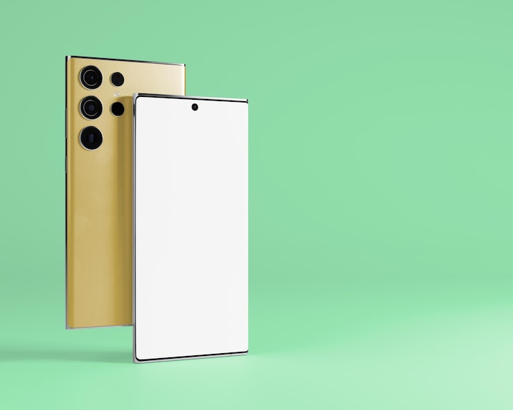 PSD smartphone doré avec caméra et maquette d'écran