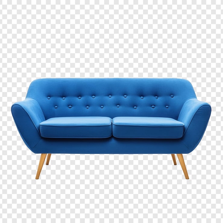 PSD sofa azul con patas de madera
