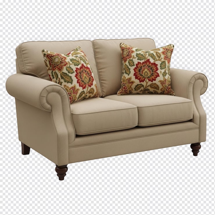 PSD sofá biplaza beige elegante con cojines florales