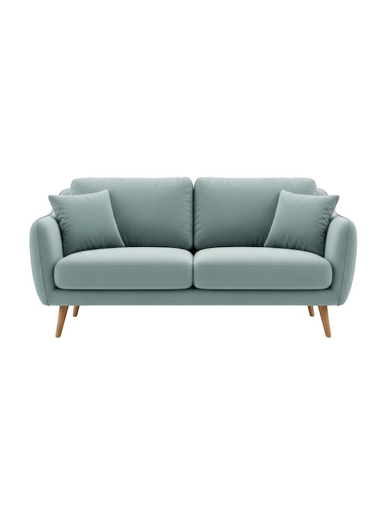 PSD sofá moderno azul claro con patas de madera aislado sobre fondo transparente