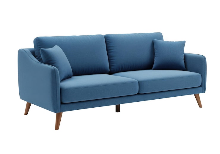 PSD sofá moderno de tela azul con patas de madera