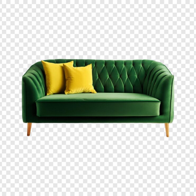 PSD sofa verde con dos almohadas amarillas aisladas en un fondo transparente