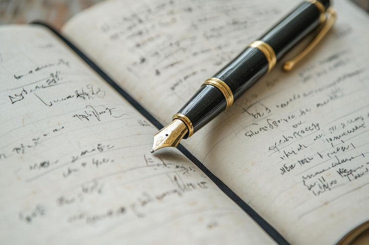 PSD un stylet à plume élégant repose sur un journal ouvert rempli d'une écriture cursive élégante.