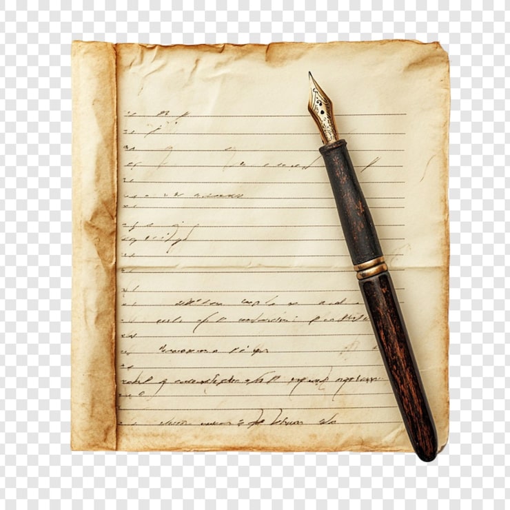 PSD un stylo plume antique sur du papier vieilli avec une écriture manuscrite