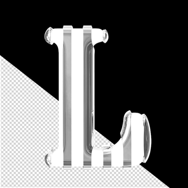 PSD symbole 3d blanc avec des sangles verticales argentées minces lettre l