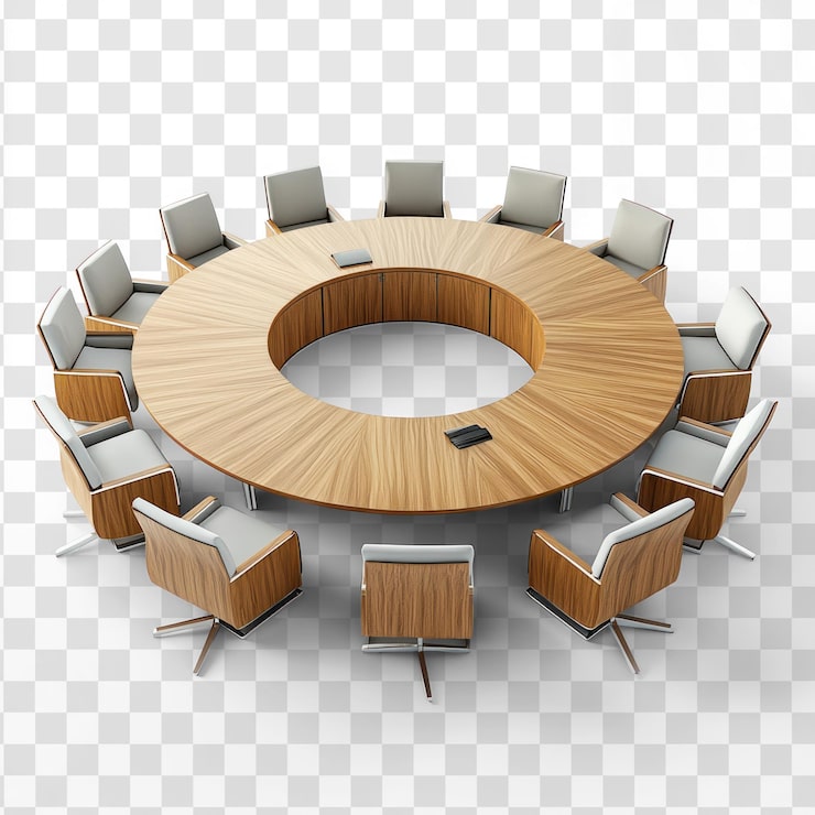 PSD table de conférence ronde avec des sièges confortables isolés sur un fond transparent