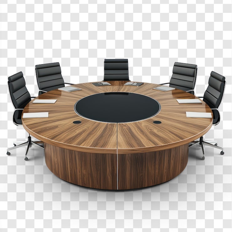 PSD table de conférence ronde avec des sièges confortables isolés sur un fond transparent