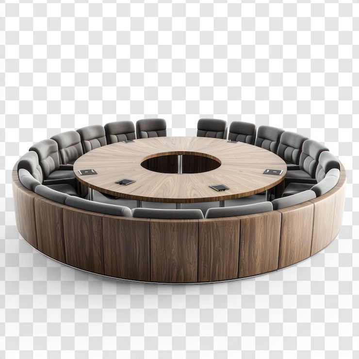 PSD table de conférence ronde avec des sièges confortables isolés sur un fond transparent