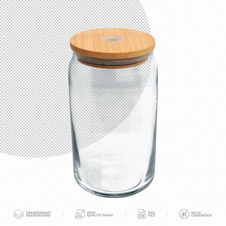 PSD tarro de vidrio transparente moderno vacío con tapa de bambú, vista superior sobre fondo transparente psd