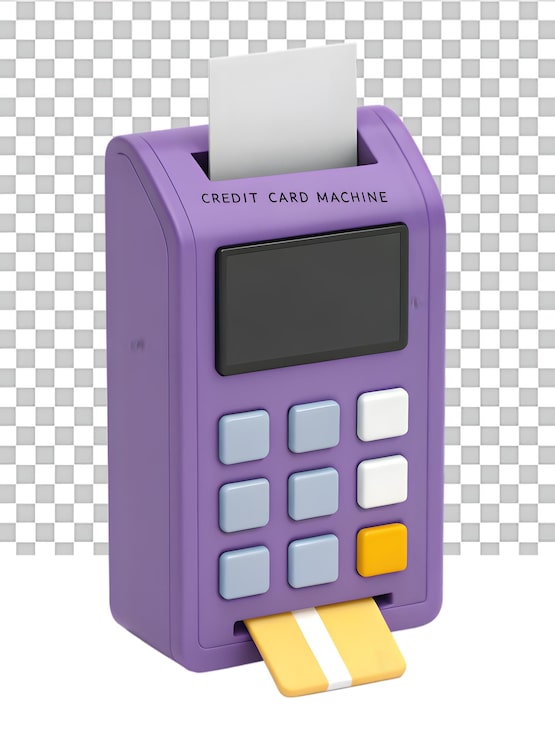 PSD terminal de pagamento pos roxo estilizado com cartão amarelo e recibo.