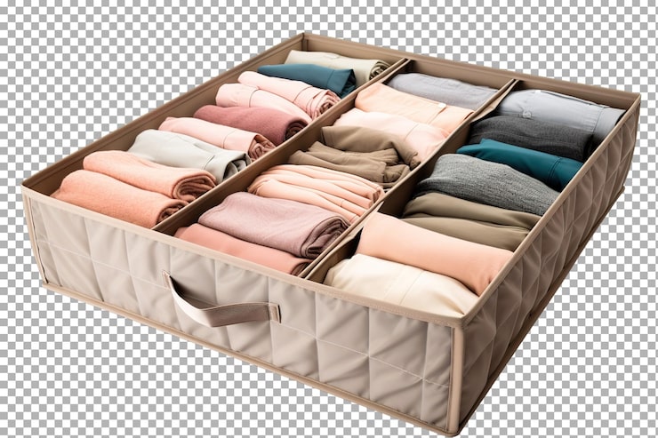 PSD textiles blandos organizados en un recipiente de almacenamiento bien dividido para una gestión eficiente del hogar aislados en un fondo transparente png