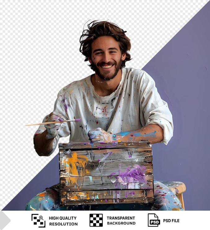PSD transparente de un joven sonriente pintando el exterior de la caja hecha a mano