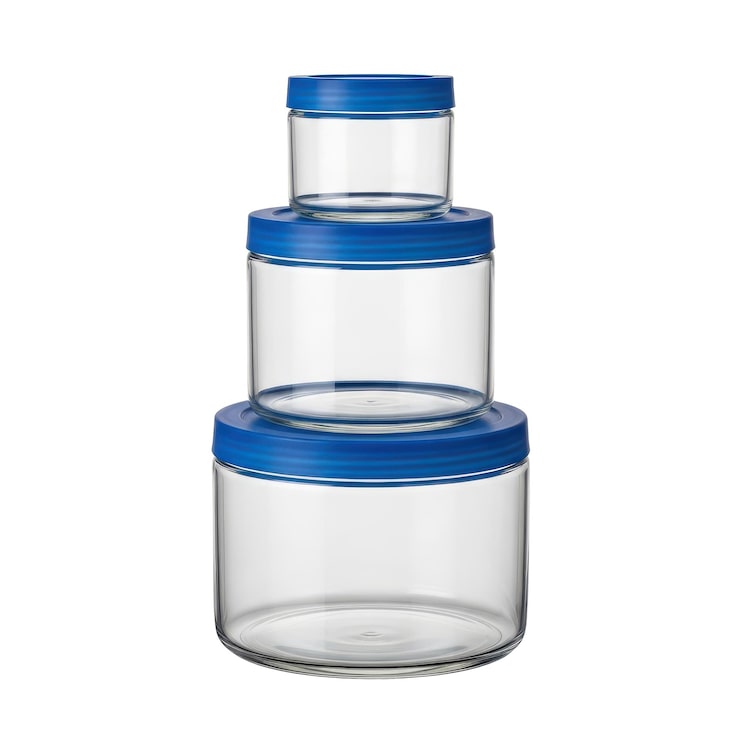 PSD tres recipientes de cristal transparente con tapas azules apilados verticalmente