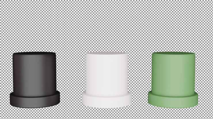 PSD trois récipients en plastique de différentes couleurs sur une surface blanche