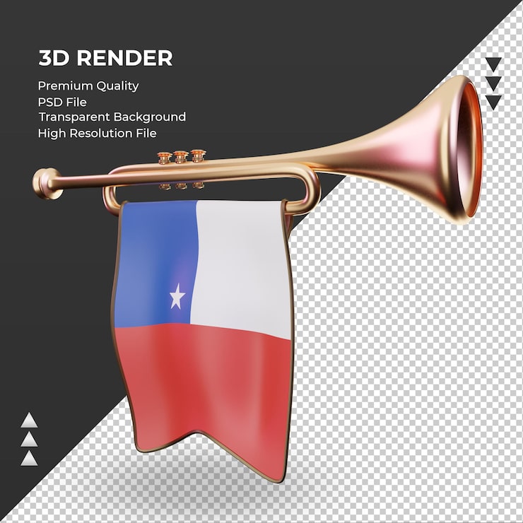 PSD trompeta 3d bandera de chile renderizado vista derecha