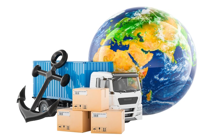 PSD truk dengan kontainer pengiriman, globe, dan jangkar, konsep logistik global, rendering 3d