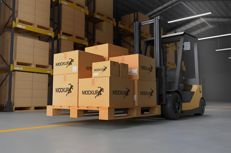 PSD truk forklift dengan kotak kardus
