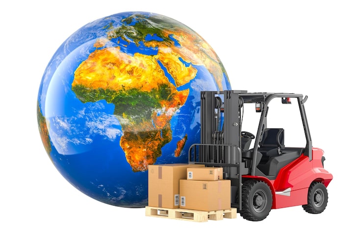 PSD truk forklift dengan paket dan globe bumi konsep pengiriman global dan pengiriman seluruh dunia rendering 3d terisolasi pada latar belakang transparan