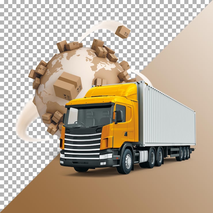 PSD truk kuning dengan bola dunia di sisinya