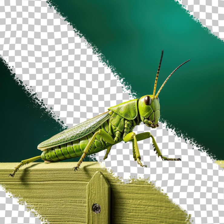 PSD um dia ensolarado com um gafanhoto descansando em uma cerca verde escura