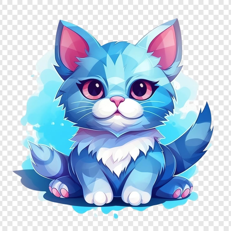 PSD um gato com uma cauda azul senta-se na frente de um fundo com um céu azul