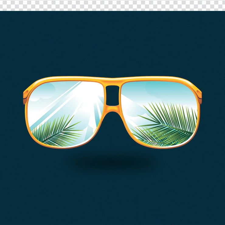 PSD um par de óculos de sol 3d com reflexo do sol e das palmeiras na tela