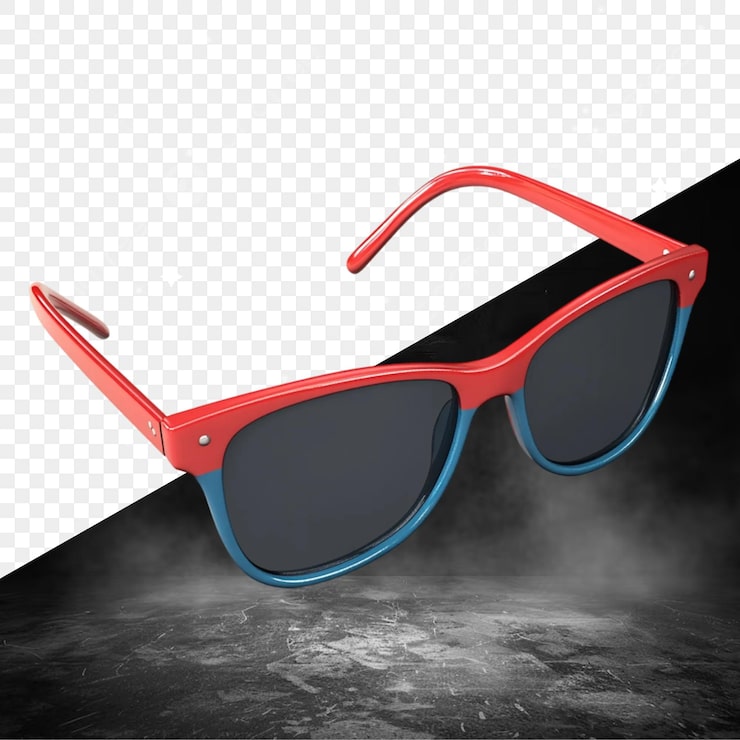 PSD um par de óculos de sol vermelhos com lentes azuis e vermelhas