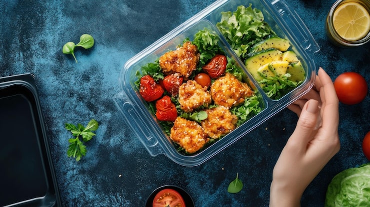 PSD um recipiente de preparação de refeições saudáveis e equilibradas com frango, abacate e tomates para almoço ou jantar