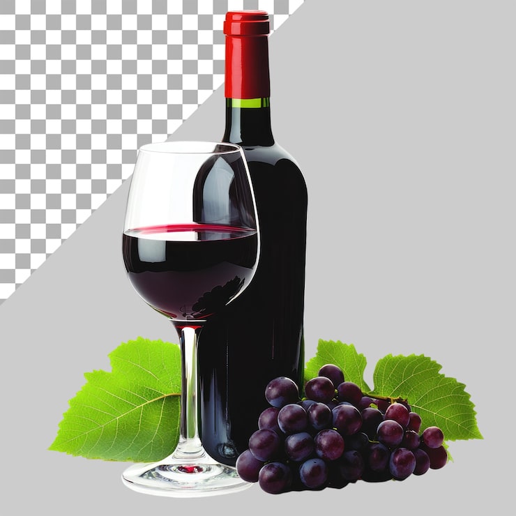 PSD uma garrafa de vinho vermelho um copo e uvas sobre um fundo transparente