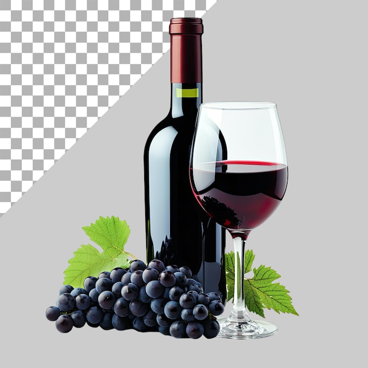 PSD uma garrafa de vinho vermelho um copo e uvas sobre um fundo transparente
