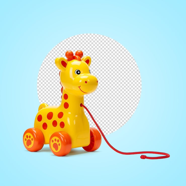 PSD uma girafa amarela bonita puxa um brinquedo em rodas.