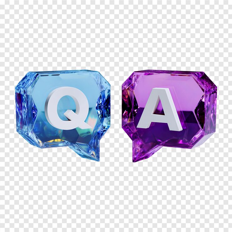 PSD uma renderização 3d de dois balões de fala cristalinos, um azul com a letra q e um roxo com a letra a, representando perguntas e respostas