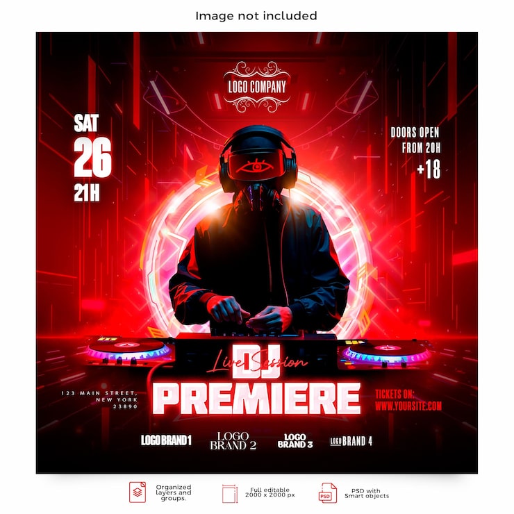 PSD un poster urbano di una festa al neon con un dj con la sua console su uno sfondo futuristico rosso