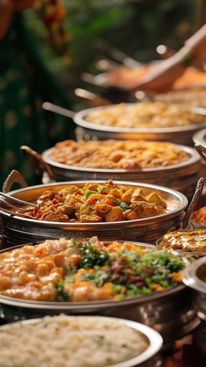 PSD un tavolo a buffet con vari piatti indiani tra cui riso curry e verdure