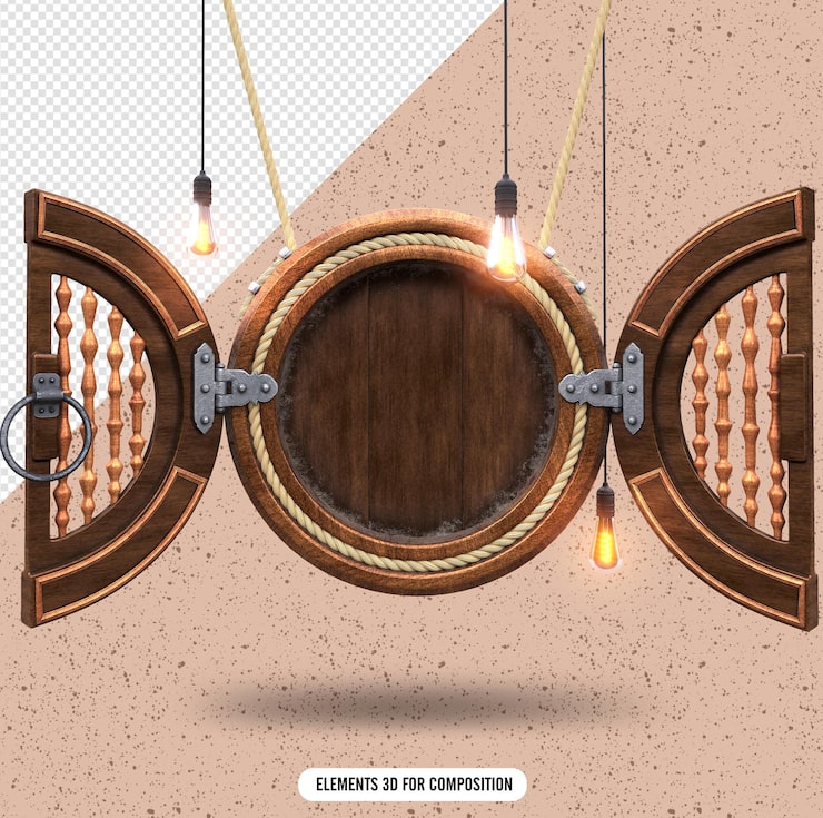 PSD una porta in legno con una lampadina che dice 'elementi così per composizione'
