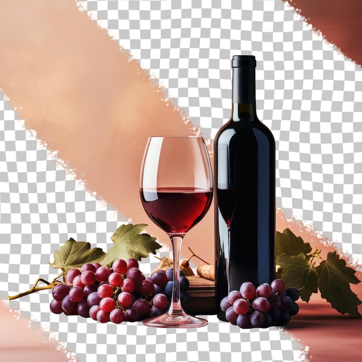 PSD utensílios de mesa garrafa de vinho e copo de vinho com uvas