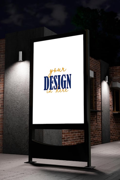 PSD valla publicitaria iluminada en blanco por la noche