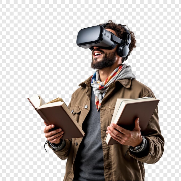 PSD virtual reality educação homem com fone de ouvido vr e livro