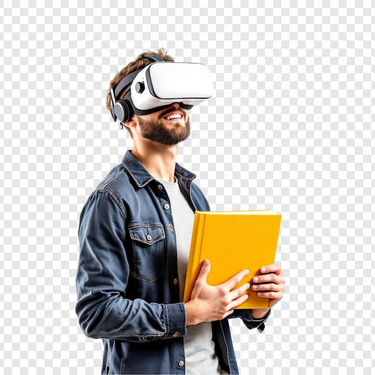 PSD virtual reality educação homem com fone de ouvido vr e livro